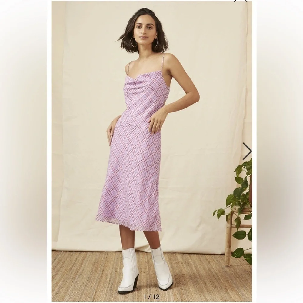 Finders Keepers Nostalgia Dress Lilac Check Cowl Neck Slip Dress - Picture 1 of 16